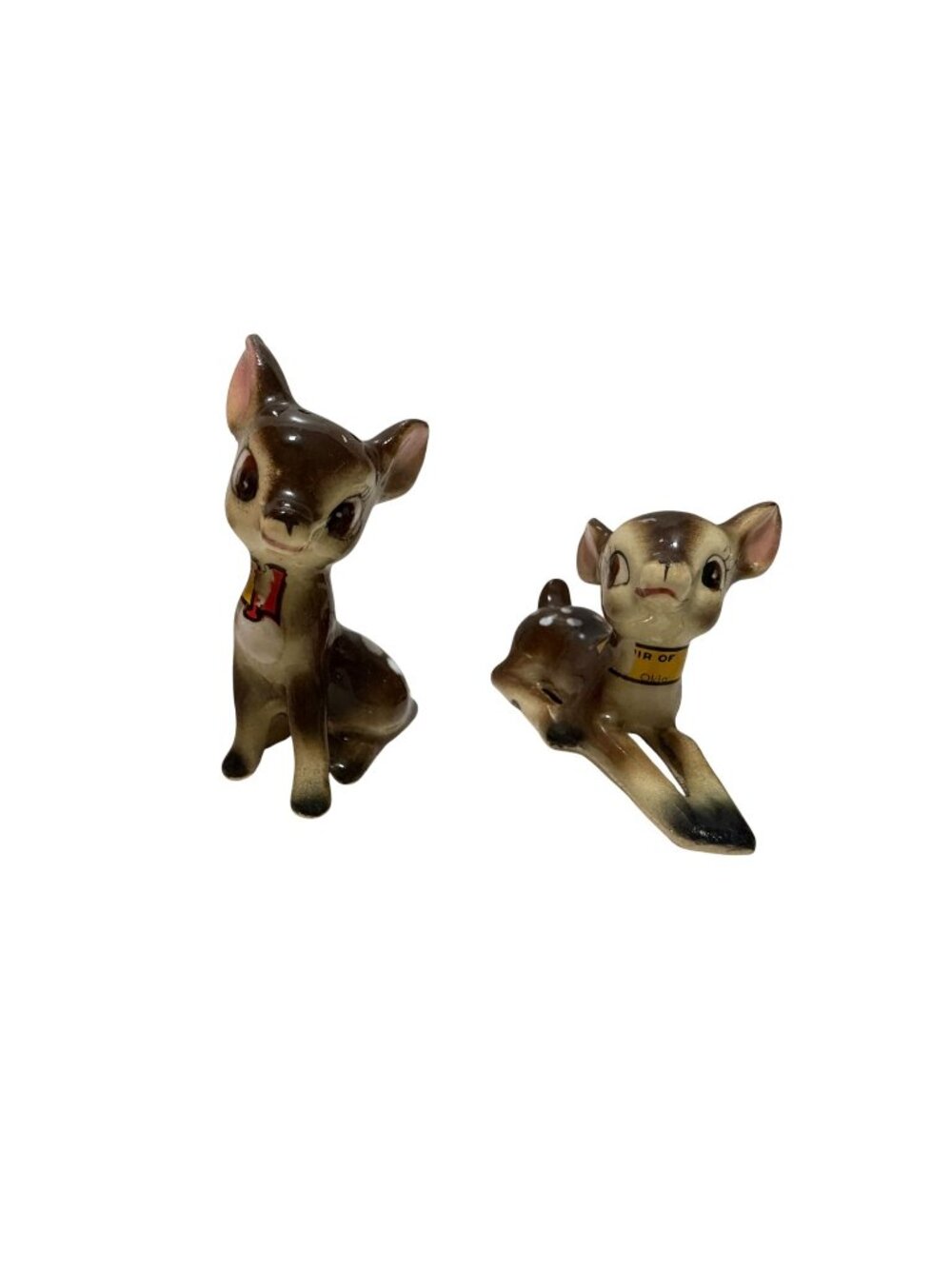 Vintage Deer Figurine Salt & Pepper Shakers Ceramic Brown White Cork Stopper MCM